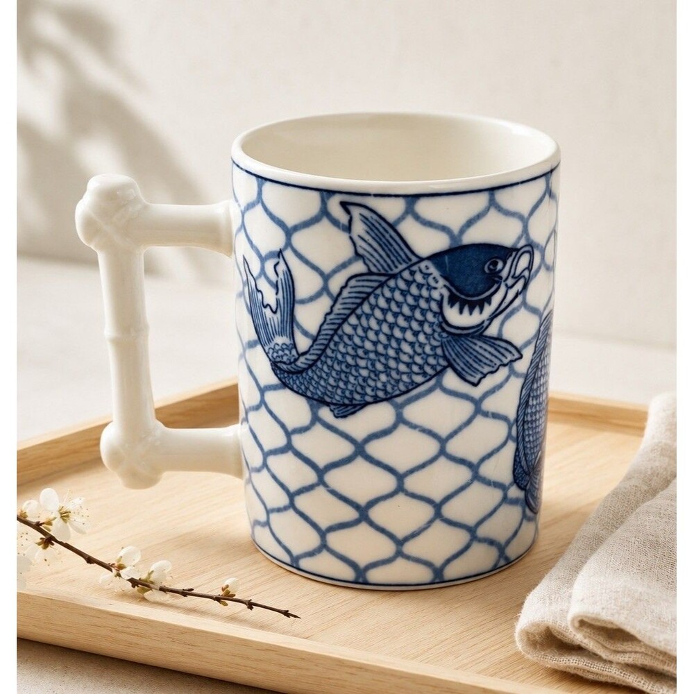 Vandor Nancy Getz Koi Fish 8 oz Mug Blue White Bamboo Handle Japan